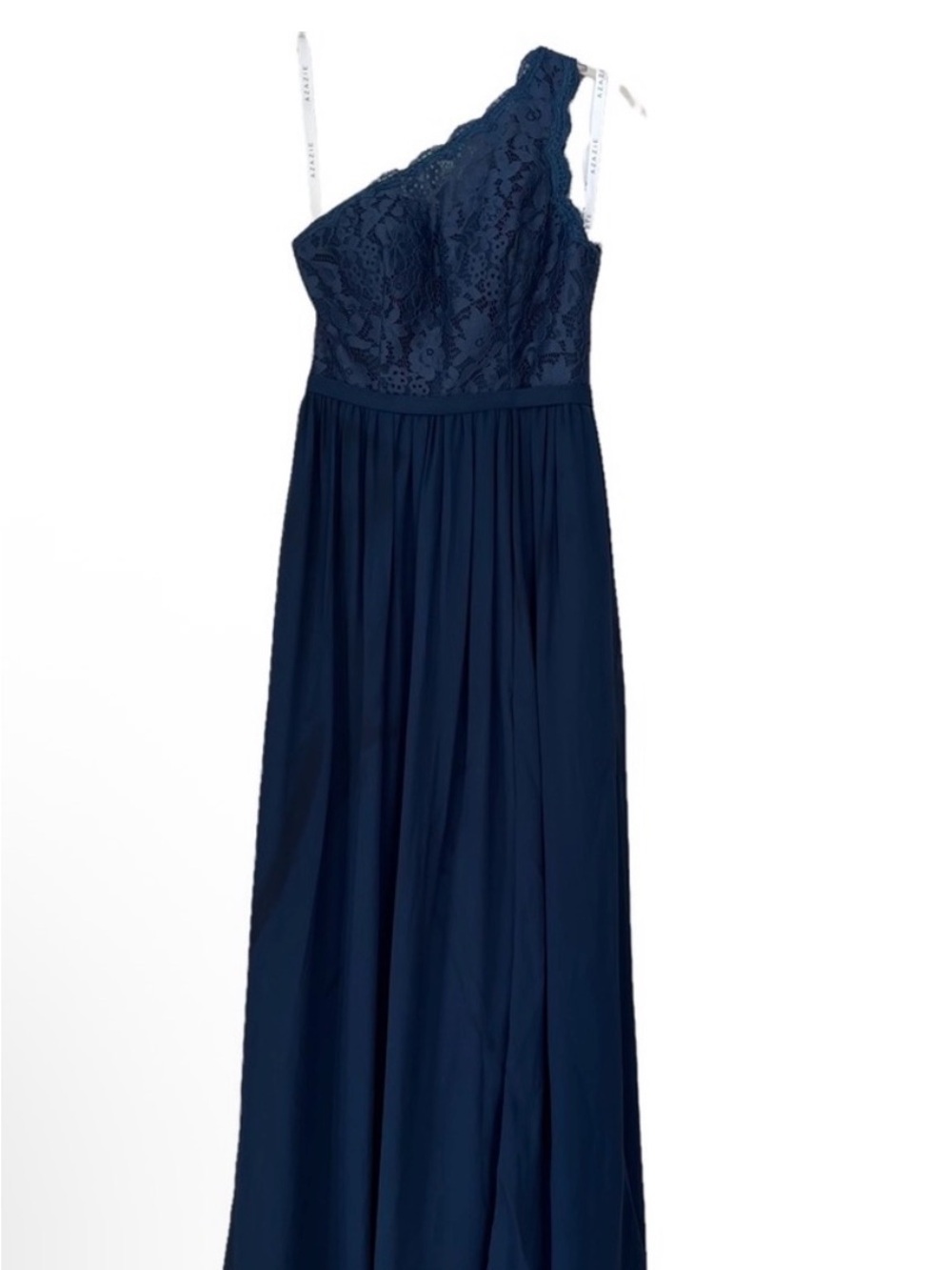Azazie Demi navy One-Shoulder Lace & Chiffon A line Evening Dress w/ pockets - Picture 7 of 8